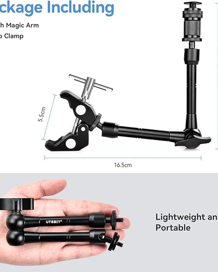 UTEBIT 11" Magic Arm Clamp Mount Kit, 360° Ball Heads with ARRI 1/4" & 3/8" Thread Screw, Camera Mount Adjustable Friction Arm w Super Clamp for DSLRs, Camera Cage, Monitor, LED Light, Action Camera