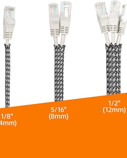 Braided Expandable Cable Sleeve, 25ft PP Cotton and PET Braided Cable Management, Flexible Mesh Wire Loom and Cable Protector for TV, Computer, Home Theater, Automotive (Grey, 1/2")
