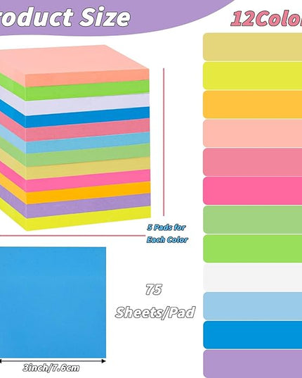 60 PCS Sticky Notes Bulk 3x3 Inch Colorful Sticky Notes 75 Sheets/Pad 12 Colors, Adhesive Sticking Self-Stick Multicolor Memo Note Pads for Teacher Student School Office Meeting Blank Desk Pads