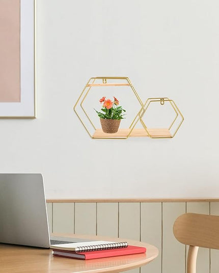 Hexagonal Wall Floating Shelf Metal and Wood Wall Shelves Gold Decorative Storage Rack for Bedroom Living Room Display and Home Organization