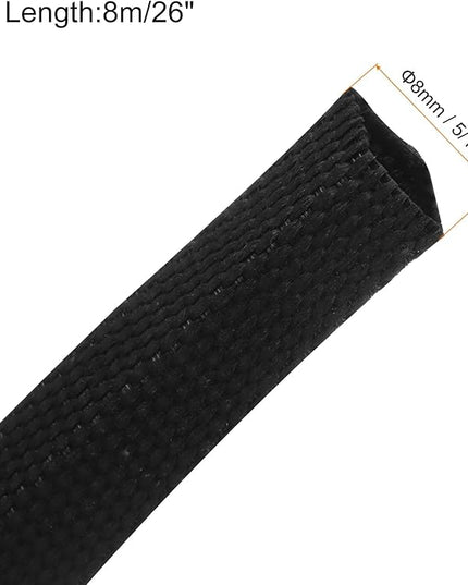 MECCANIXITY Braided Cable Sleeves Heat Shrinkable Fabric Sleeving, 5/16" 26ft Black 2:1 Ratio Heat Shrinkable Cord Protector for Harness Cable, Network Cable Protection, Cable Management