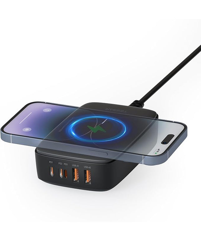 USB Charging Station for Multiple Devices PD 65W, TESSAN 6-in-1 USB C Charger Block with Wireless Charger for iPhone 17/16, MacBook, Tablet, Type C Desktop Charger, Home Travel Office Accessories