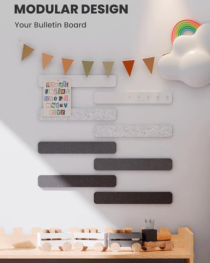 Fluxynara Cork Board Alternative Felt Strip Board 8-Pack 13"x2", Office Pin Board with 50 Push Pins, Adhesive Install for Bedroom Door & Home Office(Concrete Echo)