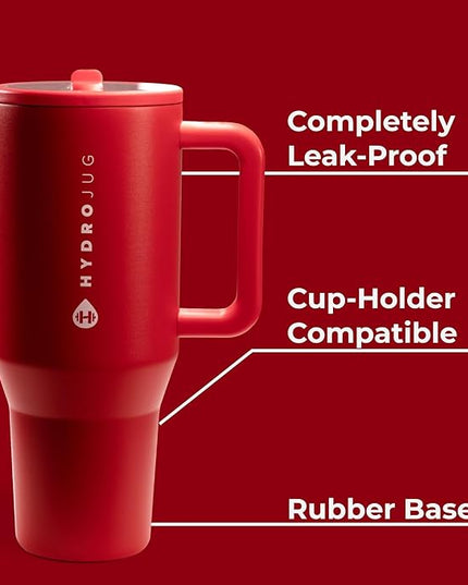 HydroJug Traveler - 32 oz Water Bottle with Handle & Flip Straw - Fits in Cup Holder, Leak Resistant Tumbler-Reusable Insulated Stainless Steel & Rubber Base - Gifts for Women & Men, Alumni Red