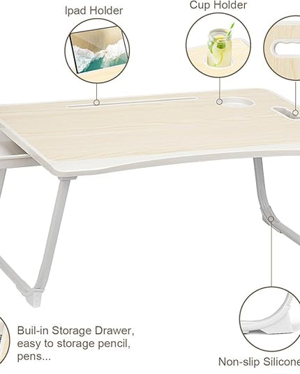 Amaredom Laptop Bed Desk Tray Bed Table, Foldable Portable Lap Desk Notebook Stand Reading Holder with Storage Drawer and Cup Holder for Eating Breakfast on Bed/Couch/Sofa-White Maple