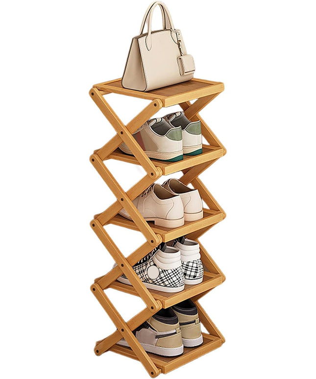 YYW Shoe Rack, Foldable Shoes Organizer Free Standing Shelf for Entryway, Closet, Hallway, Foldable X Shape Multi Tier Shoe Rack (Wood Color,5 Layers)