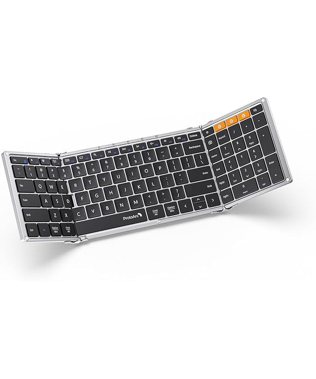 ProtoArc Foldable Bluetooth Keyboard, XK01 Full-Size Portable Keyboard for Travel, 105 Keys, 0.65" Keycaps, Multi-Device Sync for iPad Tablet Smartphone Laptop PC Windows iOS Android, Black Silver