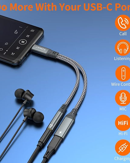 USB C to 3.5mm Headphone and Charger Adapter, 2-in-1 USB Type C to Aux Jack Dongle Cable with PD 60W Fast Charging for iPhone 15 16 17 Pro Max Air, Samsung Galaxy S23 S24 S25 Ultra, Note 20, iPad Pro