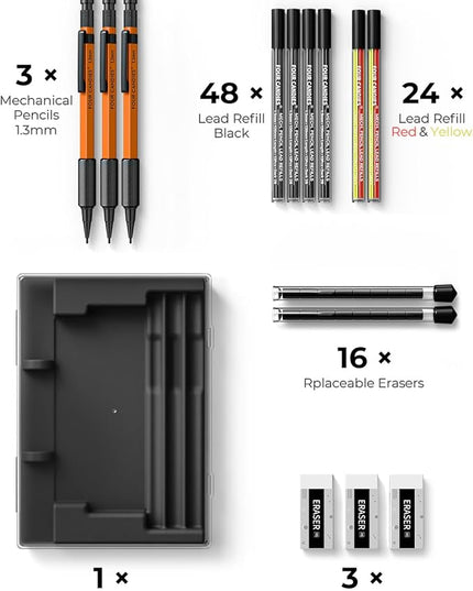 Four Candies 3PCS 1.3mm Mechanical Pencil Set with Case, Metal Heavy Duty Carpenter Pencils with 72 Refill(Red,Black,Yellow) 3Eraser, 16Eraser Refill, Weatherproof Body Outdoor Woodworking Marking