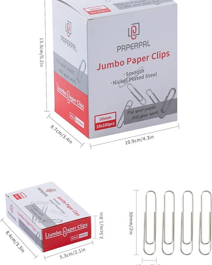 PAPERPAL Paperclips for Office School & Personal Use, Jumbo Smooth Paper Clip (2"), 1000 Large Paper Clips (10 Boxes of 100 Each), Silver