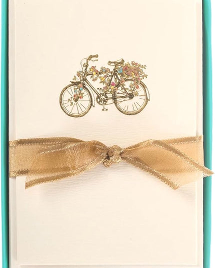 Graphique Flower Bicycle La Petite Presse Boxed Notecards, 10 Embellished Gold Foil Blank Cards with Matching Envelopes and Storage Box, 3.25" x 4.75"