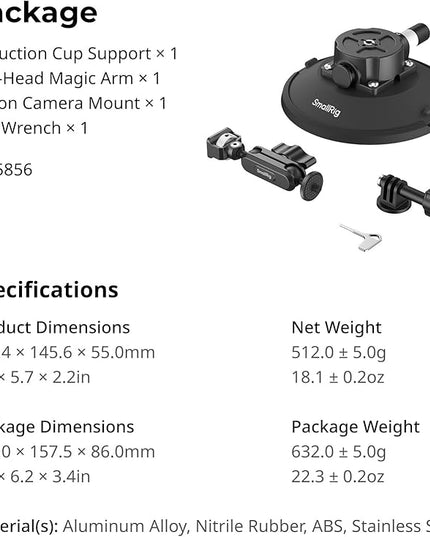 SMALLRIG 6" Suction Cup Mount with Ball Head Magic Arm, Action Camera Mount for DJI Osmo Action 5 Pro/4, for Insta360 x5, for Gopro 13/12, Load Capacity 3kg, on Car Windshield or Window - 5856