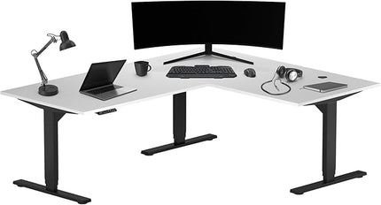 Progressive Desk Height Adjustable Computer Standing Desk - L Shaped 70" x 55" Corner Electric Stand Up Rising Workstation - Black Frame, Warm White Top