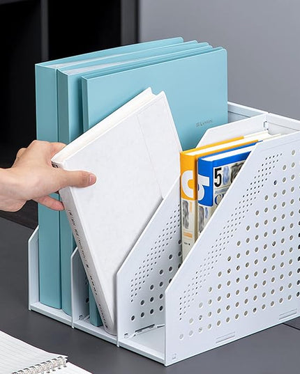 SAYEEC 1Pcs Collapsible Plastic Magazine File Holder Vertical Binder Storage Organizer for Desk Sturdy Upright Desktop Magazine Organizer Folder Rack for Office School Home (3 Compartments, Gray)