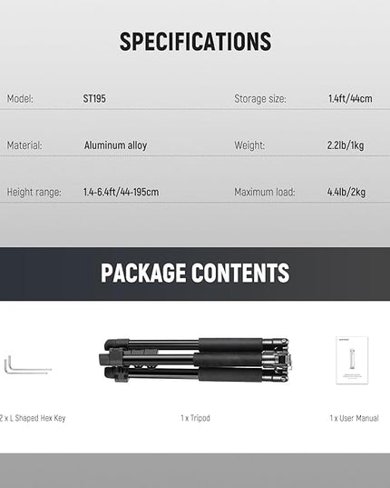 NEEWER Photography Light Stand, 1.5-6.4ft/47-195cm Aluminum Reversible Studio Lighting Tripod, Portable Phone Video Stand w/ 1/4" Screw for Strobe Light Camera Softbox, 4.4lb/2kg Load, ST195