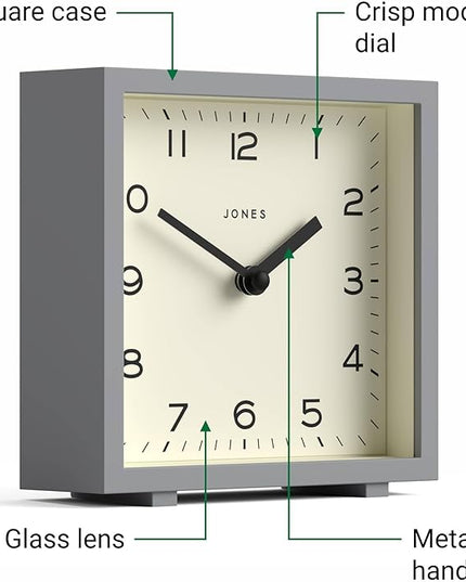 JONES CLOCKS® Disco Desk Clock | Sleek Square Design | Gray | Stylish and Easy to Read for Shelf, Table, Mantel or Bedside