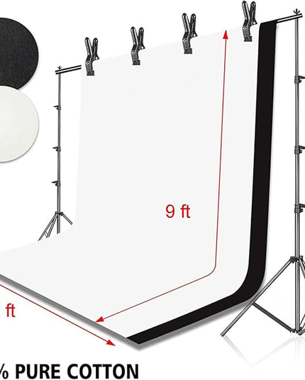 Photo Background Support System with 8.5 x 10ft Backdrop Stand Kit, 100% Cotton Muslin Backdrop (White Black),Clamp, Carry Bag for Photography Video Studio