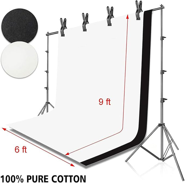 Photo Background Support System with 8.5 x 10ft Backdrop Stand Kit, 100% Cotton Muslin Backdrop (White Black),Clamp, Carry Bag for Photography Video Studio