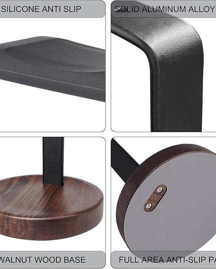 GEVO Headphone Stand for Desk - Walnut Wood & Aluminum Headset Stand, Universal Wooden Gaming Headphone Holder for AirPod Max, Bose, Sony, Razer, Jabra, JBL (Walnut Circular Base)