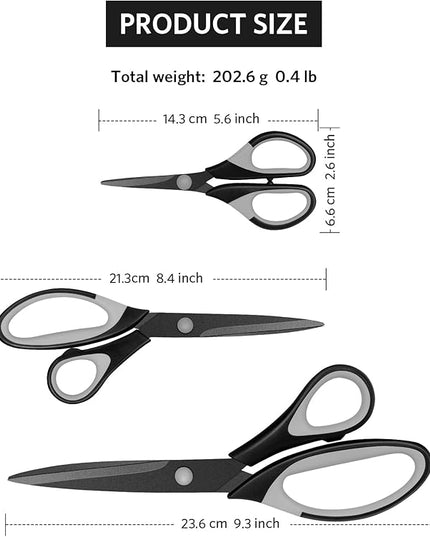 Scissors, Sharp Titanium Coating Blades, Soft Grip Handle, Multi-Purpose Scissors Set of 3 Suitable for Families, Office, and School Use, Black Grey
