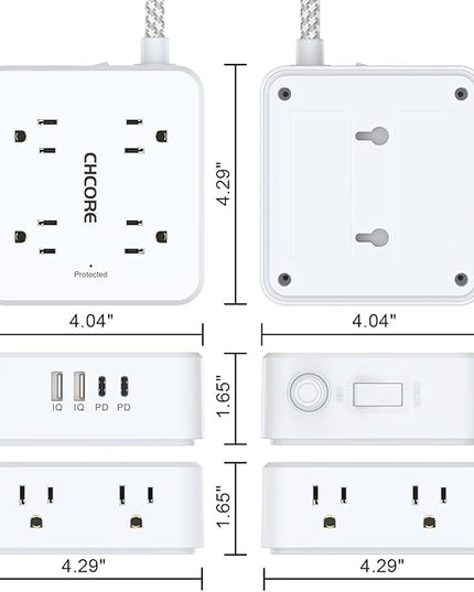 5Ft Flat Plug Braided Extension Cord - CHCORE Surge Protector Power Strip with 8 Outlets and 2 USB-C (PD 30W) Fast Charging Ports and 2 USB-A Ports for Home, Office, Dorm Room Essentials, ETL, White