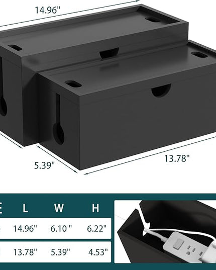 Bamboo Cable Management Box, Large Cord Organizer Box Cable Box to Hide Wires & Power Strips for Desktop Storage Cord Holder for Office Home,No Assembley Required (All Black, 2 Packs(M+L))