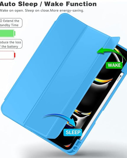 ZryXal iPad Pro 11 Inch Case (M5) 2025/ (M4) 2024 (Model: A2836/A2837/A3006), Trifold Stand Smart Cover with Pencil Holder and Soft TPU Back, Auto Wake/Sleep (Ocean Blue)