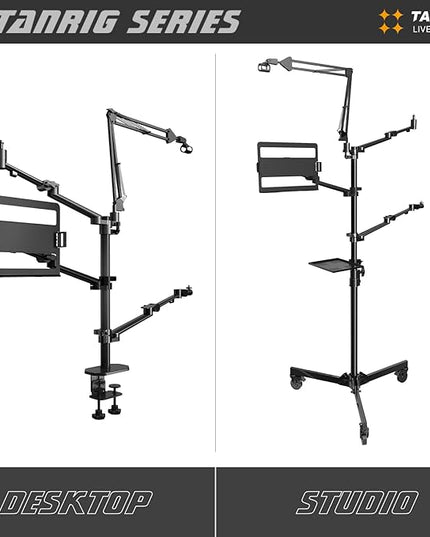 TARION Overhead Camera Desk Mount: 4-in-1 Heavy Duty Mount Set with 1 Mic Boom Stand + 3 Articulating Arms for DSLR Cameras Ring Light Monitor Laptop - Live Stream Stand TitanRig Desk