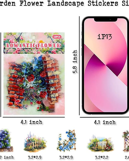 Dwpetzo Garden Flower Landscape Stickers for Journaling, 6 Themes Transparent PET Wildflower Brick Wall Fence Vines Stickers for Scrapbooking, Junk Journal Supplies, Collage, Planner, Mixed Media