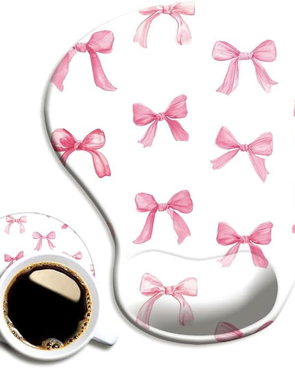 Ergonomic Mouse Pad with Wrist Support,Cute Mouse Pad with Wrist Rest and Coaster Set,Office Supplies Non-Slip Mouse Pads for Desk, Non-Slip Comfortable,Pink Bow