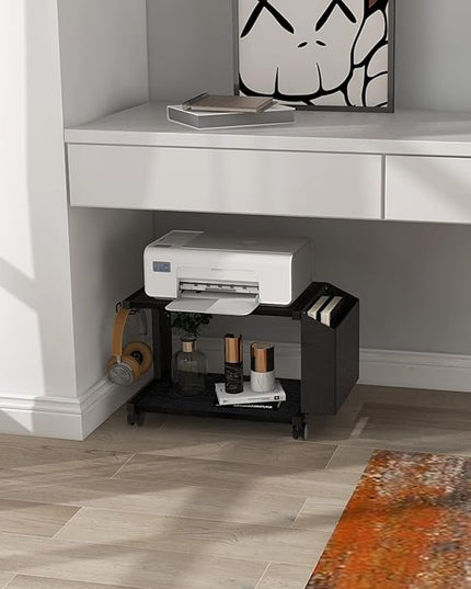 VEDECASA 2 Tier Black Printer Stand with Storage Bag for Home Office Desktop Printer Table Underdesk Organizer Mobile Printer Shelf with Caster Wheel (Black)