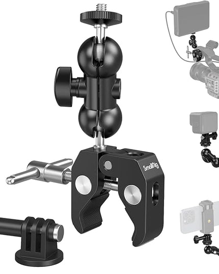SMALLRIG Super Camera Clamp Mount, Double Ball Head Magic Arm Adapter, Fence/Desk/Tripod Mount for Monitor/Light/Camera, for Insta360, for Gopro