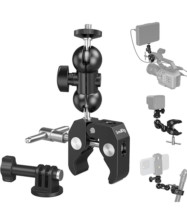 SMALLRIG Super Camera Clamp Mount, Double Ball Head Magic Arm Adapter, Fence/Desk/Tripod Mount for Monitor/Light/Camera, for Insta360, for Gopro