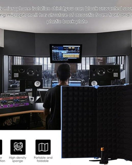 Portable Desktop Soundproof Cover,3 Doors Foldable Acoustic Panels Studio Equipment,Vocal Absorbing Shield to Filter Vocal for Microphone,for Home Studio(Black)