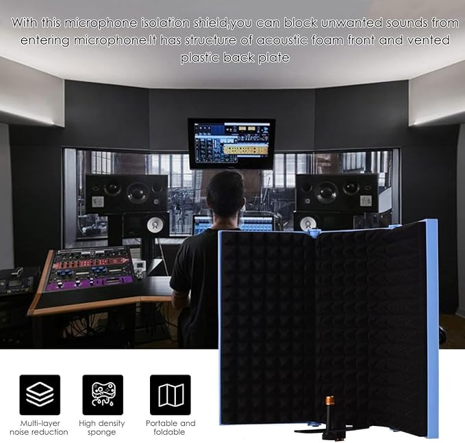 Portable Desktop Soundproof Cover,3 Doors Foldable Acoustic Panels Studio Equipment,Vocal Absorbing Shield to Filter Vocal for Microphone,for Home Studio(Pink)