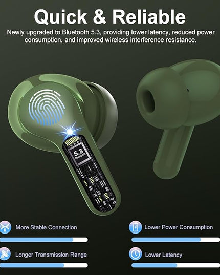 Wireless Earbuds, Bluetooth 5.4 Headphones HiFi Stereo, Bluetooth Earbuds with ENC Noise Cancelling Mic, IP7 Waterproof in Ear Earphones, 48H, LED Display Ear buds for Pad Phones Workout Sports, Green