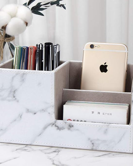KINGFOM Desk Organizer Office Supplies Caddy Pu Leather Multi-function Storage Box Pen/Pencil,Cell phone, Business Name Cards Remote Control Holder Gray Marble
