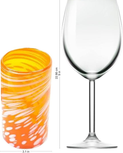 NOVICA Artisan Crafted Handblown Recycled Tumblers Glass | Striped Juice Drinkware | Tableware Glasses | Elegant Style | Emerald Orange | Toxins Free | Mexico 6" H x 3.1" Diam. (Set Of 6)