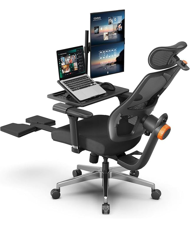 Newtral Ergonomic Home Office Chair-Office Desk Chair with Footrest, Auto-Following Backrest & Headrest, 4D Armrests, 96°-136° Recline (Black, with Laptop Table)
