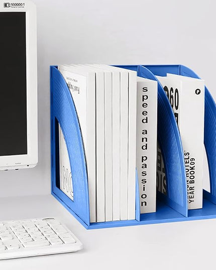 SAYEEC Magazine File Holder Desk Binder Holder Plastic File Sorter Folder Organizer Stand Book Shelf Dividers Vertical Filling Storage Rack Desktop Bookshelf Display Box for Office School Home (Blue)