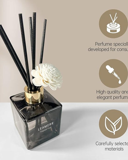 LEAMERR Reed Diffuser Set, 6.1 oz (180 ml) Tropical Fruit Scented Diffuser with Sticks Long-Lasting Home Fragrance Reed Diffuser for Home Room Office Bathroom Shelf Decor