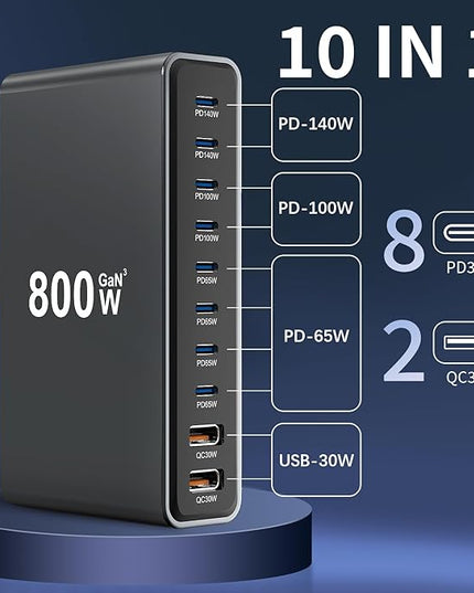 800W GaN3 10-Port USB-C Charging Station - Fast Charger for Laptops, Tablets, Smartphones, and More (Black)