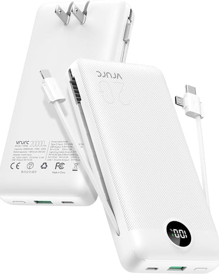 VRURC Power Bank 20000mAh, Fast Charging Portable Charger USB C,4 Output 2 Input Travel Essentials Charging Bank Equipped with LED Display,Built-in Wall Plug and Cables,Phone Charger Battery,White