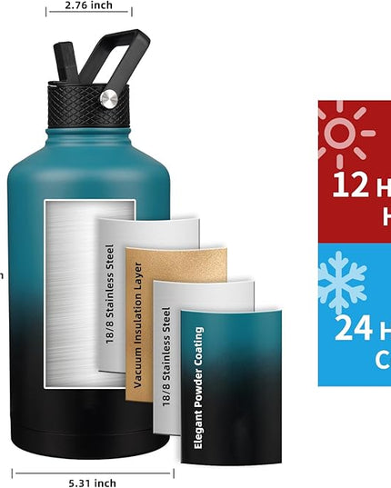 Insulated Water Bottle 87oz,Triple Wall Vacuum Stainless Steel(Dishwasher Safe),Leak Proof & Non-BPA,Flask Jug with Paracord Handle & Straw Spout Lids Sports Gradient indigo blue/black