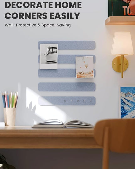 Fluxynara Cork Board Alternative Felt Strip Board 5-Pack 13"x2", Office Pin Board with 35 Push Pins, Adhesive Install for Bedroom Door & Home Office(Soft Periwinkle)