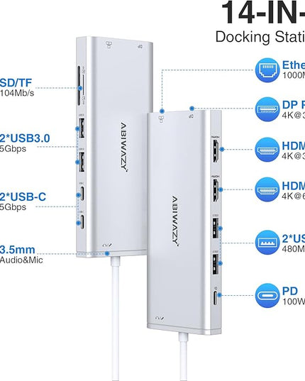 USB C Hub USB-C Docking Station Dual Monitor 14 in 1 Triple Display Multiport Adapter with 2 HDMI+DP+7 USB Type C/A Ports+Ethernet+Audio, USBC Dongle for Dell/HP/Lenovo ThinkPad/Surface(Sliver)