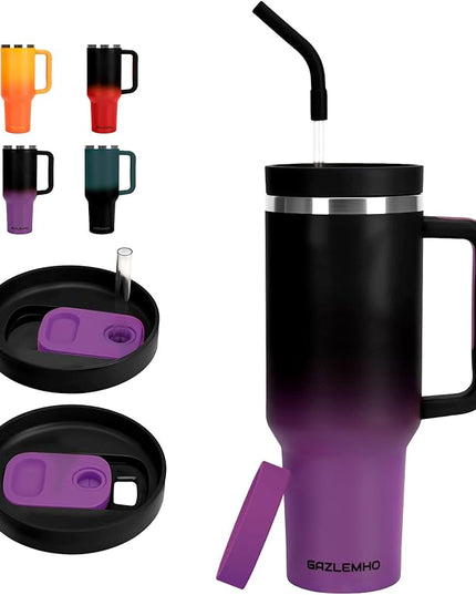 40oz Tumbler with Handle and Straw Spout 2-in-1 Lid, Spill Leak Proof Insulated Travel Cup Traveler Water Mug Keep Cold Hot, Dishwasher Safe Stainless Steel Bottle Gifts for Women Men, Black Purple