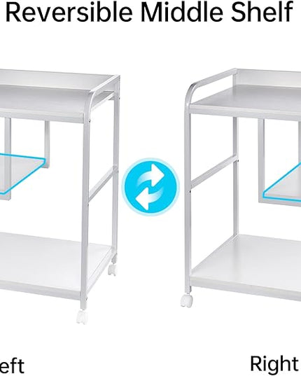 Large Printer Stand Table with Storage Shelf for Host Computer, PC Tower, CPU and Shredder, 3 Tier Rolling Printer Cart with Wheels for Home Office Storage and Organization - White