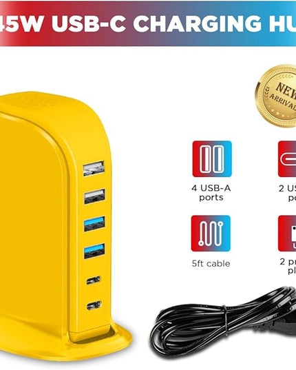 45W USB Charging Station, 6-Port Hub with 4 USB-A & 2 USB-C Ports, 5ft Cable, Yellow
