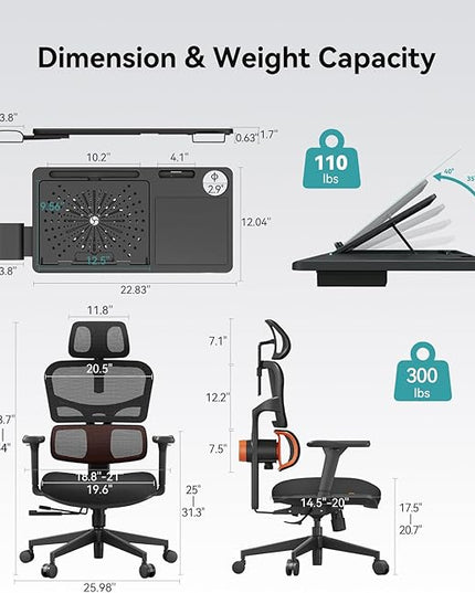 Newtral Office Chair Ergonomic - Home Office Desk Chair, Big and Tall Office Chair, Auto-Following Lumbar Support for Back Pain, Adjustable Seat Depth and Height (No Foot Rest + Laptop Table, Black)
